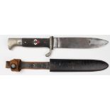 German Nazi Hitler Youth Dagger with metal scabbard and leather frog. HY diamond damaged, blade