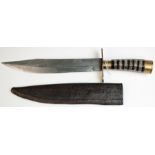 Bowie Knife: A Victorian Bowie knife, slim Bowie blade 9" with pricket decoration. Brass layered