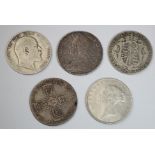 GB Halfcrowns (5): William III 16?? Fair, 1746 LIMA Fine, 1885 GVF edge knock, 1903 Fair and 1904