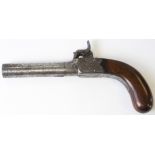 19th century large bore percussion pocket pistol with engraved frame folding trigger, unusual scarce