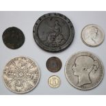 GB Coins (6): Crown 1845 cinquefoils Fair, Double-Florin 1889 VG, Cartwheel Twopence 1797 Fair,