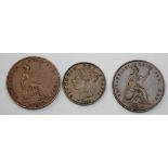 GB Copper (3): Penny 1858 VF, Penny 1859 GVF, and Halfpenny 1854 GF edge knock.
