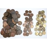 GB Brass Threepences (30), Halfpennies (89), and Farthings (27), George V to QEII, mixed grade,