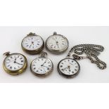 Five open face pocket watches with one in silver (aF)