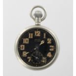 Military issue Rolex top wind pocket watch (lacking glass), the black dial signed with Rolex A11303,