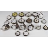 Eight silver open face pocket watches along with twelve silver fob watches. All AF