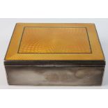 Silver box with wood lining, yellow enamel lid, stamped '925', height 3.7cm, width 11.4cm, depth 9.