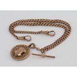 9ct Gold "T" bar pocket watch chain with 9ct gold sporting medal attached, Length approx 39.5cm