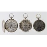 Three Late Victorian Silver open face pocket watches, all with silver dials, gilt Roman numerals