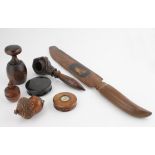 Selection of Treen to include a nutcracker carved as a hand holding a nut, thimble holder in the