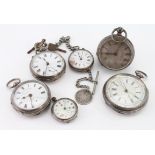 Six silver cased open face pocket watch of mixed sizes