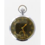 Military issue, chrome plated open face top wind pocket watch by Leonidas, the black dial with
