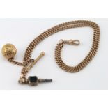 15ct Gold Albert Chain with T.Bar, Floral Globe and Bloodstone/Citrine Watch Key weight 29.0 grams
