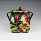 Moorcroft square two handled jar with lid, in the 'Pencarrow' pattern, 2005, signed by Emma