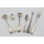 Six silver hallmarked pieces of cutlery, comprising two decorated teaspoons, fork, pickle fork & two