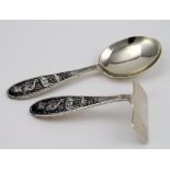 Silver 'Mary Had a Little Lamb' christening spoon and pusher set (different hallmarks), spoon