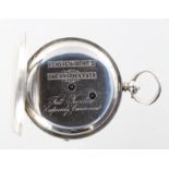 Silver open face pocket watch by Kendal & Dent, hallmarked Birmingham 1885. The white signed dial