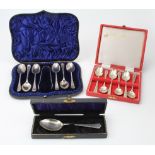 Three boxed sets of silver spoons, includes six teaspoons and tongs, six teaspoons and one single
