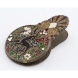 Norwegian (?) Enamel decorated brass clip, depicting a ship on one side and a deer on the other,