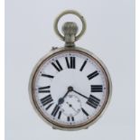 Nickel plated goliath pocket watch. The white dial with bold roman numerals with subsidiary second