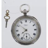 Waltham silver open face pocket watch (with key), hallmarked Birmingham 1912. Approx 56mm dia.