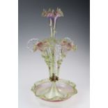Late Victorian pale green and pink clear glass epergne with central flute, three further flutes