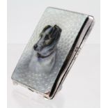 Original silver & guilloche enamel match book holder. Enamel dog on the front. On the front there