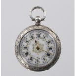 Silver (0.935) ladies fob watch, the white dial with a gilt design, in an old watch box