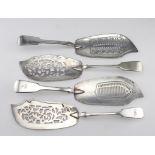 Four Fish slices - two Sheffield plate - J. Gilbert c.1812 and another maker 1850 + two electro