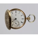 Yellow metal full hunter pocket watch (tests as 14ct), the case with a foliage design, approx 44mm