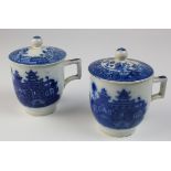 Pair of 19thC blue and white Chinese style pottery chocolate cups with lids.