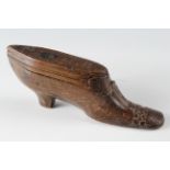 Treen puzzle shoe snuff box, circa 19th century, carved decoration with initials 'LB' to top, length