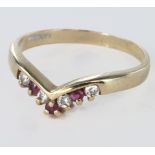 9ct Gold Wishbone Ring set with Ruby/CZ size O weight 2.1 grams