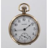 Gents 9ct gold open face pocket watch by Waltham (hallmarked Birmingham 1927), the white enamel dial