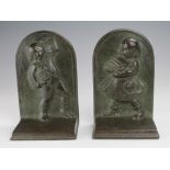 Pair of Bronze (?) bookends, depicting a boy & girl carrying books, height 18cm approx.