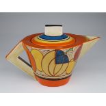 Clarice Cliff Hand Painted Conical Shaped Teapot. with marks to base, approx 13cm tall