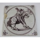 Delft tile, 17thC featuring soldier on horseback, 129mm
