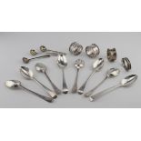 Collection of silver spoons & napkin rings, including a cased set of six silver teaspoons (missing