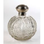 Silver topped cut glass perfume bottle with glass stopper, hallmarked 'Birmingham 1918', height 13cm