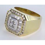 18ct Gold Large Gents Ring set with Round and Baguette Diamonds size W weight 27.6 grams