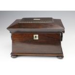 Rosewood tea caddy with mother of pearl inlays, circa late 19th century, compartment lids to inside,