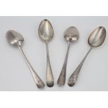 Four silver serving spoons, hallmarked 'HB (Hester Bateman), London 1782 & 1785', each with matching