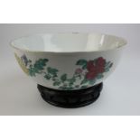Japanese porcelain bowl with Japanese style dark wooden stand, bowl 22cm diameter white with hand