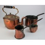 Three copper items, circa late 19th to early 20th century, comprising kettle, sauce pan & laddle &