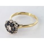 18ct Gold Sapphire and Diamond Floral Cluster Ring size R weight 4.3 grams