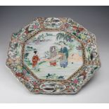 Large Chinese hand painted porcelain octagonal dish, circa late 19th century, decorated with
