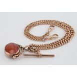 9ct Gold Albert chain with T Bar and Carnelian/Lapis swivel weight 50.3 grams
