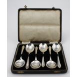 Boxed set of six small silver dessert spoons - hallmarked P. Bros. Birmingham, 1934. Weight of