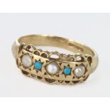 9ct Gold Ring set with Turquoise and Seed Pearls size L weight 2.9 grams