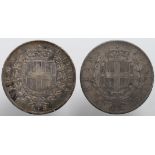 Italy silver 5 Lire x2: 1875 Fine and 1877 GF